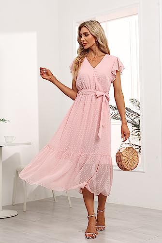 Image of VintageClothing Womens Sundress Casual Floral Summer Boho Dress | Flowy Wrap V Neck Ruffle A-Line Pleated Hem Midi Dresses
