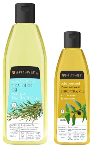 Soulflower Bhringraj Hair Oil 100% Pure & Natural| Hair Growth, Strengthening & Nourishing hair roots, Anti-Dandruff, Cooling Scalp| Coconut, Sesame| 120ml Tea Tree Hair Oil Soulflower Bhringraj Hair Oil 100% Pure & Natural| Hair Growth, Strengthening & Nourishing hair roots, Anti-Dandruff, Cooling Scalp| Coconut, Sesame| 120ml Tea Tree Hair Oil