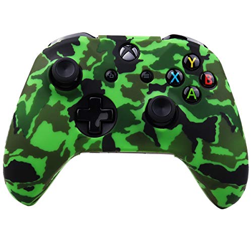 Image of YoRHa Water Transfer Printing Camouflage Silicone Cover Skin Case for Microsoft Xbox One X & Xbox One S Controller x 1(Green) with PRO Thumb Grips x 8