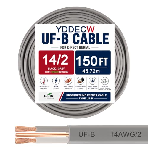 Image of 14 /2 UF-B Wire - 150FT 100% Pure Copper 14AWG 2 Connector Direct Burial Electrical Cable 14 Gauge for Underground Feeder Wet or Corrosive Locations Indoor & Outdoor etc