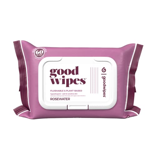 Image of goodwipes Flushable Butt Wipes Made with Vitamin E & Aloe - Soft & Gentle Wet Wipe Dispenser for Home Use, Septic & Sewer Safe - Largest Adult Toilet Wipes - Rosewater, 60 Count