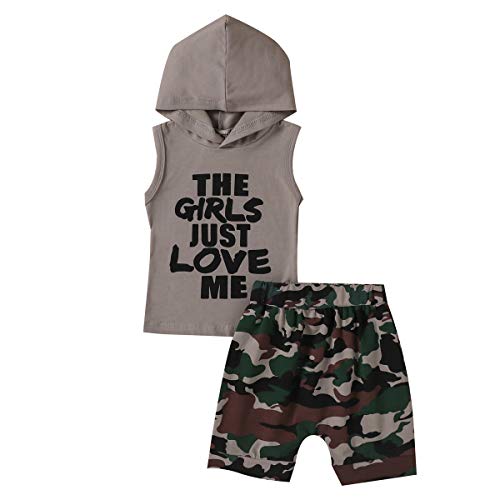 FYBITBO Toddler Baby Boy Shorts Set Hoodie Sleeveless Shirts Tank Top and Camo Shorts 2pcs Summer Clothes Outfit Set (6-12 Months,B-Grey)