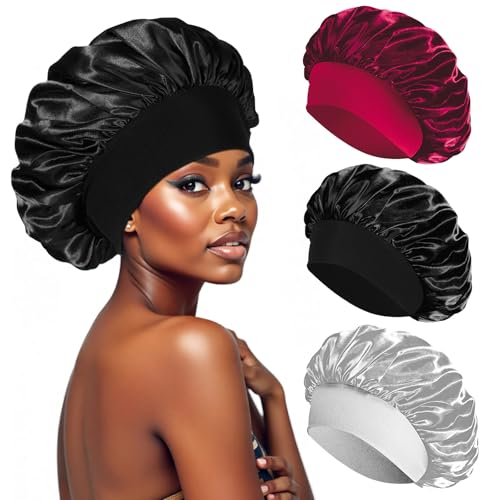 PAEFIU 3pcs Bonnet Soie Cheveux Nuit Bonnet en Satin Femme Élastique pour Protection Cheveux Longs Bouclés (Noir, Rouge, Gris)