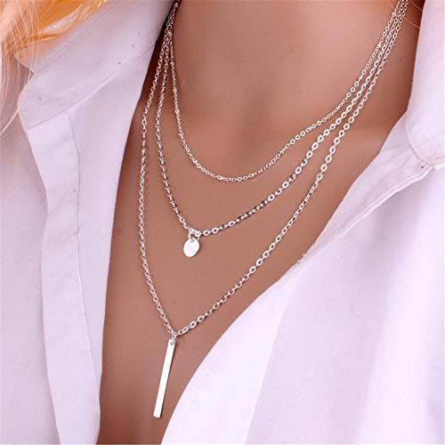VESOCO Multilayer Necklace 3 Tier Pendant Long Chain Women Accessories (Silver)