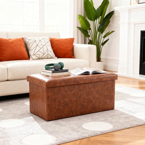 DUMOS 30インチ 折りたたみ式収納オットマンベンチ - 合成皮革フットレストスツール 収納チェスト付き リビングルーム&ベッドルーム用 耐荷重660ポンド モダンブラウン [4]