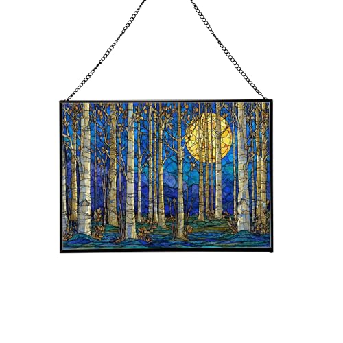Moonlight Streaming Through Birch Trees Rectangular Stained Glass Suncatcher – Hanging Window Panel with Animal & Nature Scene – Vibrant Glass Art Gift for Wildlife, Fantasy, Nature Lovers oOmgtI