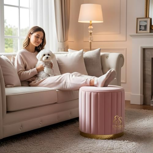 Image of Premium Velvet Round Ottoman Stool with Gold Metal Base - Modern Upholstered Footrest for Living Room, Bedroom & Vanity Seating (Baby Pink)