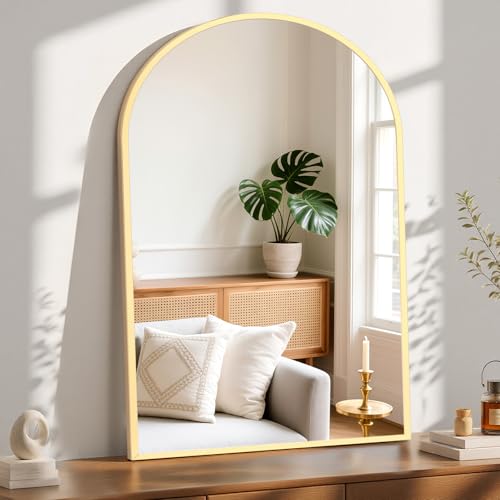 Image of Sweetcrispy 30 inchx40 inch Arched Gold Bathroom Mirrors for Wall, Bathroom Mirrors for Over Sink, Metal Framed with HD Shatter-Proof Glass for Entryway, Living Room, Bedroom, Home Decor