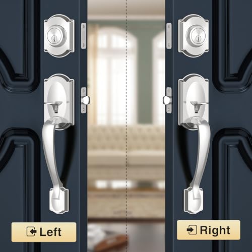Image of Front Door Lock Set, Brushed Nickel Front Door Handle and Deadbolt Set, Vintage Exterior Door Lock Set, Front Door Handle with Single Cylinder, Reversible for Right & Left, Satin Nickel