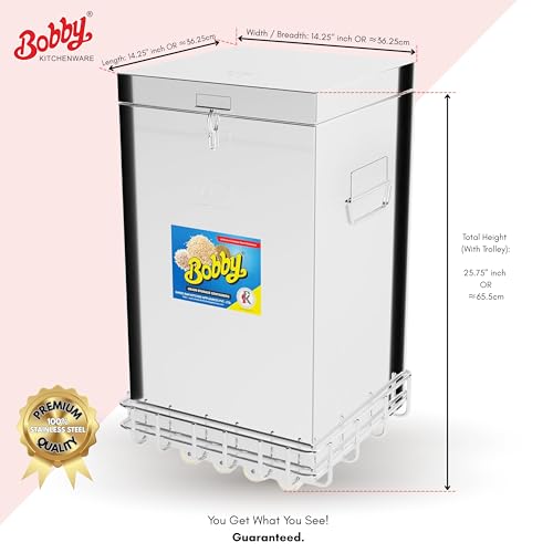 Image of BOBBY 50 Kg Stainless Steel Grain Storage Big Containers With S.S. Trolley (50 KG CONTAINER WITH TROLLEY)