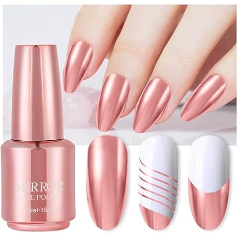 Ingzy 18ml Metallic Mirror Nail Polish, Rose Golden Nail Polish, Long-lasting Mirror Nail Polish Mirror Effect Glitter Nail Polish Reflective Manicure Nail Lacquers Cover