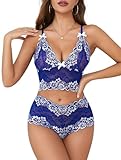 Lilosy Sexy Lace Pajamas Lingerie Set High Waist Sheer Sleepwear Bow Ties Cami Shorts Bra and Panty Women 2 Piece See Through Nightwear Floral Royal Blue Medium
