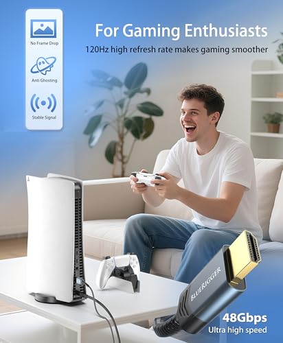 BlueRigger 10K 8K HDMI 2.1 Cable 48Gbps (3FT, 8K 60Hz, 4K 120Hz, eARC, HDR10 VRR HDCP 2.3) Ultra High Speed HDMI Cable Braided Cord - For Gaming Xbox Series X Roku HDTV Monitor