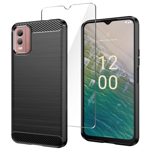 HuiYouMY Funda para Nokia C32 (6.5') con 1 Pieza Cristal Templado Protector de Pantalla, Suave Textura de Fibra de Carbono TPU Antiarañazos, antigolpes y anticaída Resistente Negra Carcasa