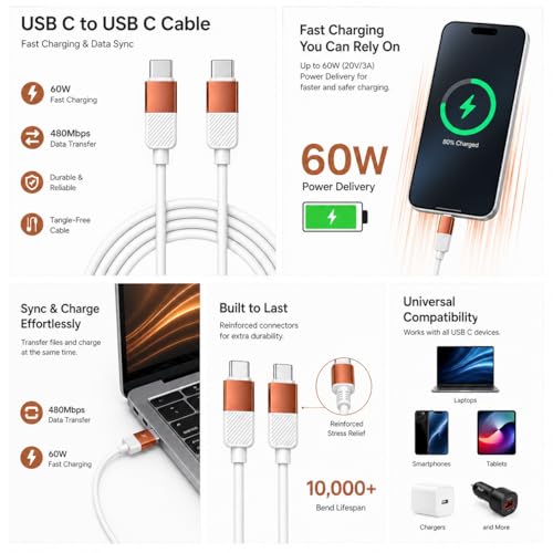 Image of Type C to Type C Silicone Cable | 60W Fast Charging & Sync | Soft Anti-Tangle Design | Universal Compatibility | Smartphones & Tablets | Copper