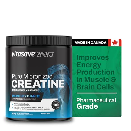 Vitasave Creatine Monohydrate Powder 500g (100 Servings) - Creatine Supplement For Performance & Muscle Gains - Pure & Ultra-Fine Powder for Enhanced Absorption - Fitness Essential for Athletes & Bodybuilders - Made in Canada