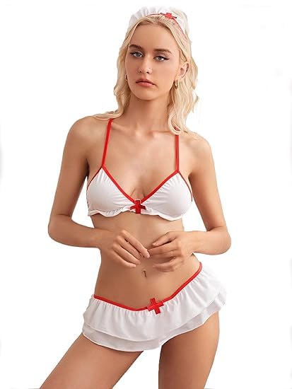 RA Collection Women’s Nurse-Themed Babydoll Costume – White Sheer Dress with Red Trim, Triangle Top, Skirt & Matching Headpiece – Cosplay & Fancy Dress Outfit (Free Size)-picture-47