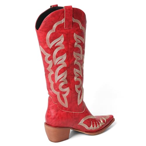 MEOTINA Cowgirl Boots Women Wide Calf Cowboy Booties Womens Square Toe Tall Western Boot Ladies Embroidered Wedding Shoes 6