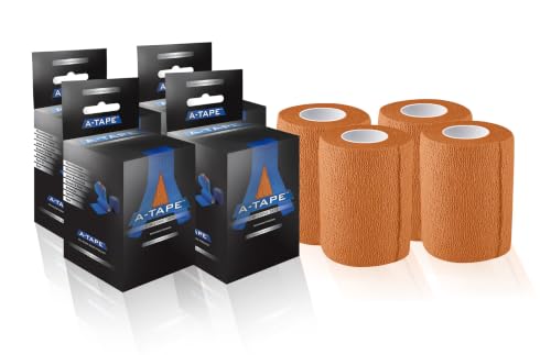 Image of A-Tape Breathable Self Adhesive Cohesive Bandage Wrap - Athletic Non-Woven for Sports, Medical Use, Injuries, Knee & Wrist Support - Suitable for Humans & Pets (Orange, 7.5 cm Pack Of 4)