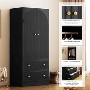 QHITTY Freestanding Bedroom Armoire Wardrobe with 2 Drawers, Bedroom Chest Clothes Storage with Clothing Rod and 2 Storage Doors for Bedroom, Living Room Black QHITTY Freestanding Bedroom Armoire Wardrobe with 2 Drawers Bedroom Chest Clothes Storage with Clothing Rod and 2 Storage Doors for Bedroom Living Room Black