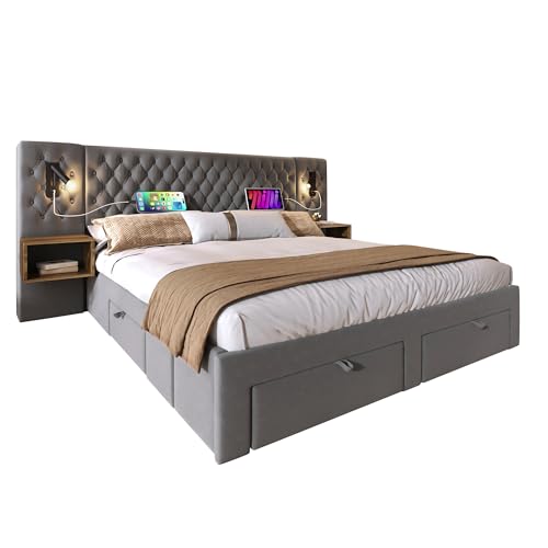 Bettanlage Schlafzimmer Komplett Set, Polsterbett Doppelbett 180×200 cm mit 2 Nachttischen und 4 Schubladen, Kopfteil Leselicht mit USB Ladefunktion, Grau, Samt (Ohne Matratze) – Bild 8