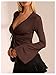 GORGLITTER Women's Lace Babydoll Tops Lace Tie Front Bell Long Sleeve Peplum Top Y2k Deep V Ruffle Going Out T Shirt Brown Small