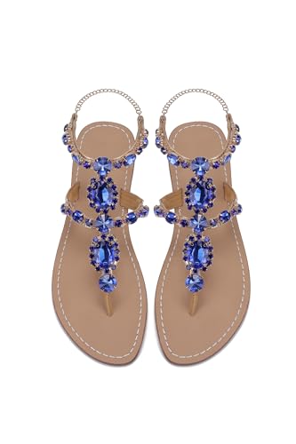 Image of ZhuLinFeng Women'S Rhinestone Gladiator Sandals Flat Wedding Sandals Gem Pearl Sparkling Bridal Bridesmaid Sandals Blue Bohemian Sandals