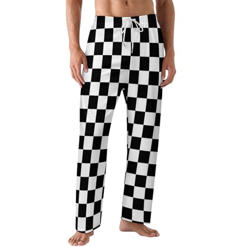 Black White Race Checkered Flag Pattern Mens Pajama Pants Wide Leg Sleep Drawstring Sleepwear Casual Loungewear
