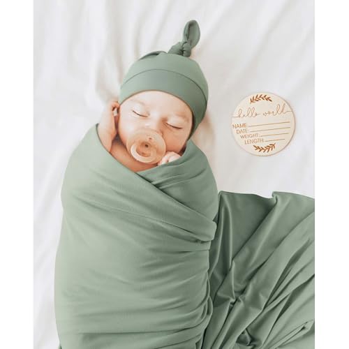MairMore Baby Swaddle Receiving Blankets with Matching Beanie Set Newborn Nursery Swaddle Wrap for Baby Girls and Boys (Green)