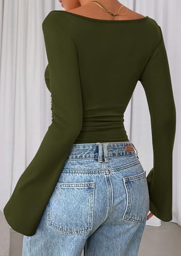 Image of PRETTYGARDEN Women Long Sleeve Shirt 2025 Crop Casual Boat Neck Bell Sleeve Ribbed Ruched Y2K Clothing