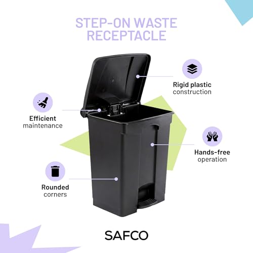 Image of Safco Step On Plastic Trash Can with Foot Pedal, 23 Gallon Garbage Can for Kitchen, Indoor or Outdoor Use, Hands Free, Black