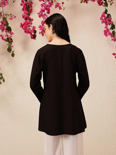 Image of QAZMI Women's Bahar Kashmiri Zari Resham Work Viscose Rayon Full Sleeves A-Line Short Kurti