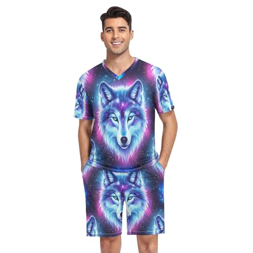 RPLIFE Ensemble de pyjama 2 pièces pour homme, manches courtes, col en V, tailles S à XXL, Loup galaxie bleu violet, L