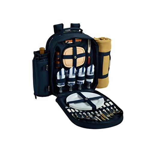 Picnic at Ascot - Deluxe Equipped 4 Person Picnic Backpack with Cooler, Insulated Wine Holder & Blanket - Chevron Blue