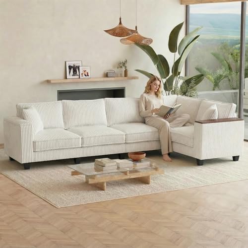 Image of 97 Inches Corduroy Couch with 2 Pillows Deep Seat Sectional Sofa Armrests with Two Hidden Storage Space Corner Couch Oversized L Shaped Cloud Couches for Living Room Beige