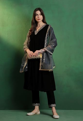 Image of SheWill Women's Zari Sequence Embroiderd Velvet Kurta with Pant and Dupatta| Salwar Suit Set with Dupatta| Velvet Kurta Set Women| Kurta Set for Women|Kurta Set with Dupatta for Women| Anarkali Kurta