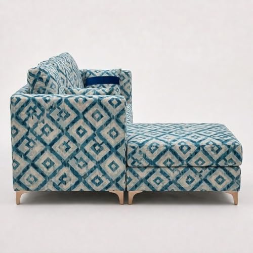 Image of FURNY Signature Cresta 5-Seater L-Shape Sofa Set with Movable Ottoman & Suri Pouf | Flexible LHS /RHS Layout | Tapestry Fabric | 40D Foam + Zigzag Spring | 3-Yr Warranty (Lagoon Mosaic Blue)