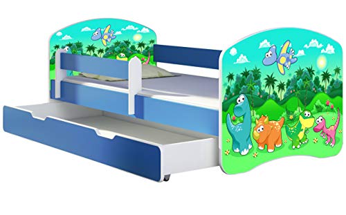 ACMA Lit Enfant Bébé TIROIR Matelas sommier Gratuite Bleu Meubles pour Enfants II (30 Dinosaures, 140 x 70 cm + tiroir)
