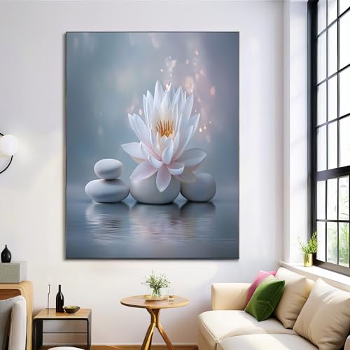 Painting de loto y rocas en lienzo: arte mural premium en gris oscuro 80x120cm