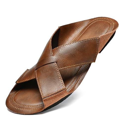 Men's leather fashion casual slides sandals, comfortable lightweight non-slip soft bottom slide sandals summer outdoor leisure beach sandals，Premium leather slides