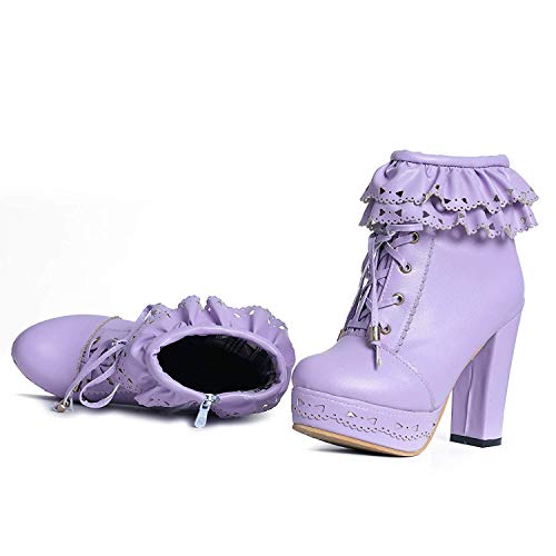 JITUUE Women's Lace Up Platform High Heel Ankle Boots Sweet Lolita Office Chunky High Heel PU Leather Ruffle Lace up Ankle Boots3