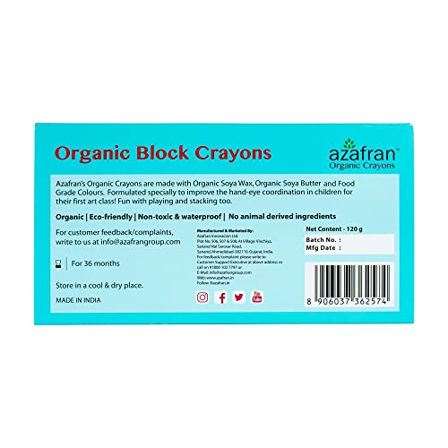 Image of Azafran Organics 16 Non-toxic Block Crayons, Standard Size, For Pre School Kids, Baby Safe, Hypoallergenic, No Mineral Oils, No Harmful Chemicals, 16 Color Shades, Multi-coloured.