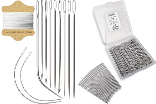 Hilo de coser encerado (color blanco), agujas resistentes (11 piezas) y agujas afiladas de ojo grande (200 piezas) — para coser a mano, ideal para cuero, lona y más