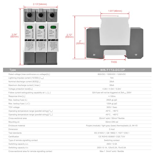 Heschen DC-Überspannungsschutzgerät für PV, WR-T1T2-DC, 3P 1000 VDC, In 20 KA, Iimp 7 KA, T1+T2-Typ, feuerfest, 35-mm-DIN-Schienenmontage
