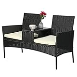 Taylor & Brown Garden Rattan 2 Seater Companion Seat Wicker Love Seat Weave Partner Bench Loveseat with Glass Tabletop & Cushions Patio Set Outdoor Terrace Balcony Furniture (Black/Beige)