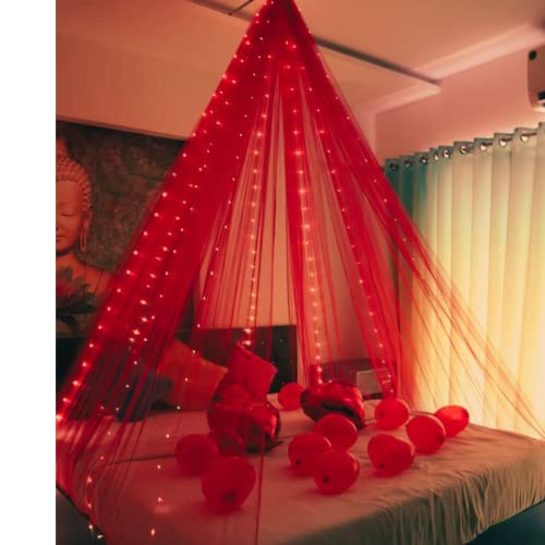 Hemito 6 Pc Tent Romantic Decoration Set Backdrop Curtain LED Light Self Adessive Hook with Ribbon| bedroom decoration items| cocomelon theme Romantic party decorations banner (Red) (Rubber)