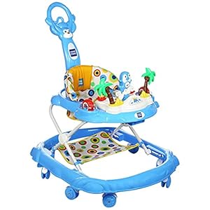 Mee Mee Multifunctional Baby Walker with Adjustable Height, Detachable Cushioned Seat, Music & Toy Bar, Parental Push Handle for Kids/Baby/Toddlers, for 0 to 2 Years, 15kg, Blue