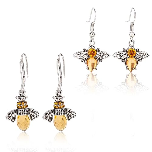 FIBLOOM 2 Pairs Bee Earrings Queen Bee Dangle Earrings Cute Crystal Honeybee Earrings Amber Bumblebee Dangle Earrings Fun Crown Bee Earring Christmas Birthday Gift for Women Teen Girls