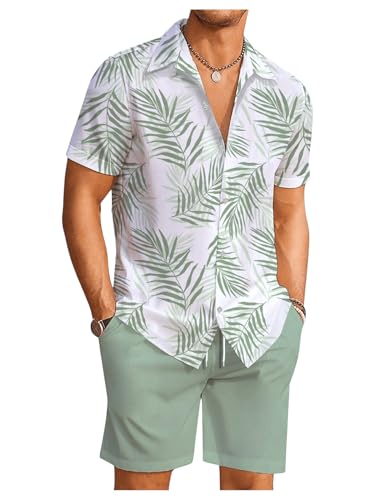 WDIRARA Men's Hawaiian Matching Set Summer Beach 2 Piece Outfits Tropical print Shirts and Shorts