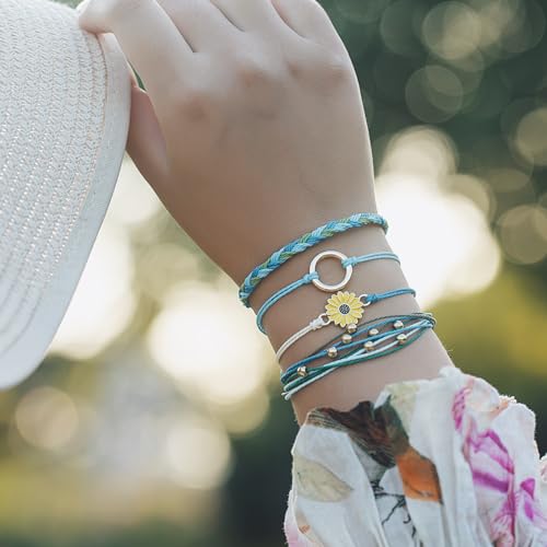 Image of Stackable Sunflower String Bracelets Cute Boho Braided Summer Beach Jewelry